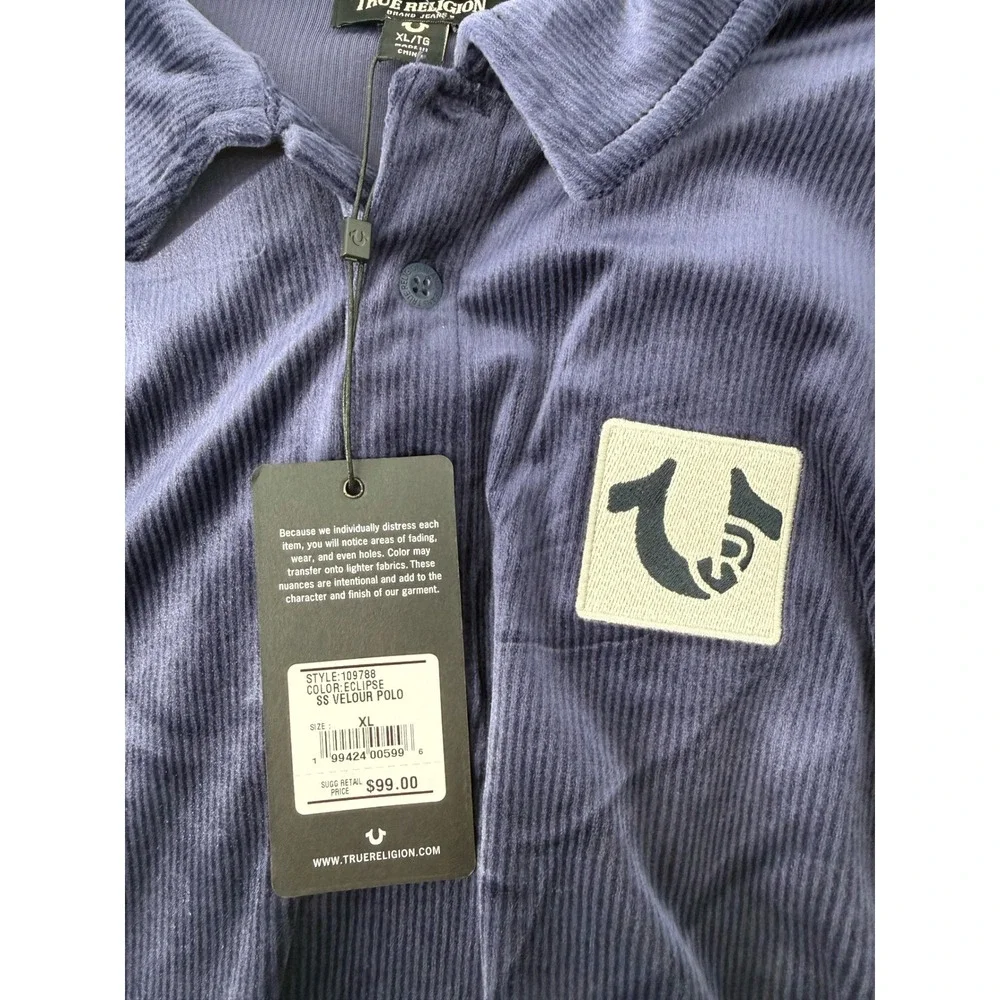 NWT True Religion Velour Polo Shirt Mens XL Eclipse Blue Short Sleeve Logo Patch - Picture 4 of 6